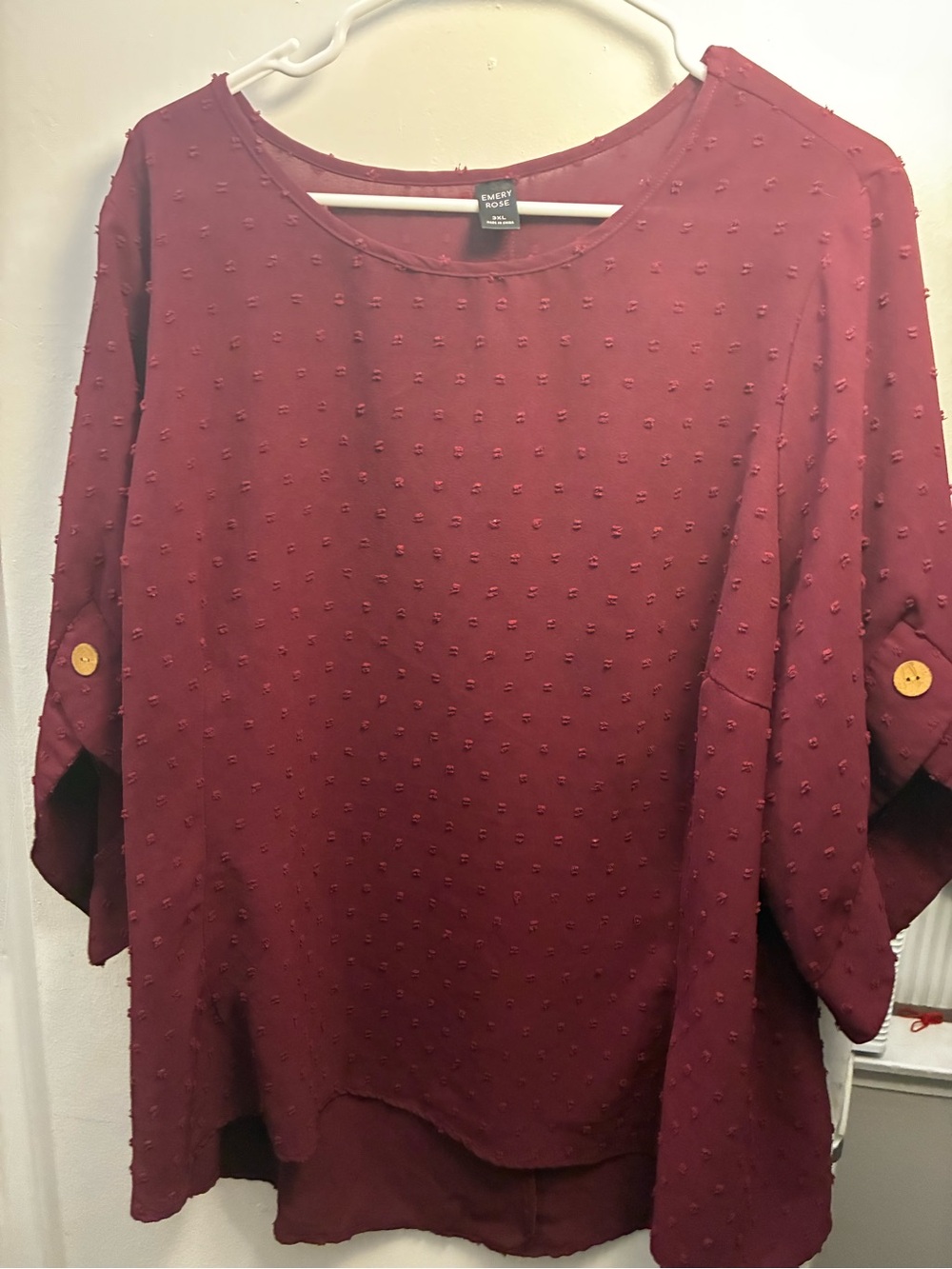Emery Rose Burgundy Textured Dot Roll-Tab Blouse